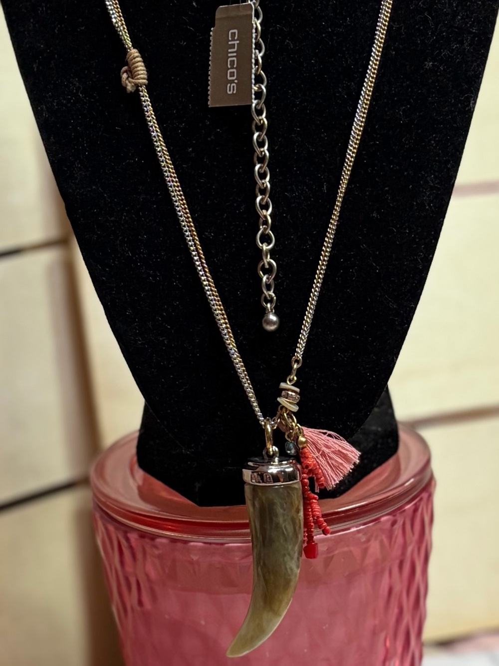 Chico's Green Horn Pendant Necklace with Pink Tassel